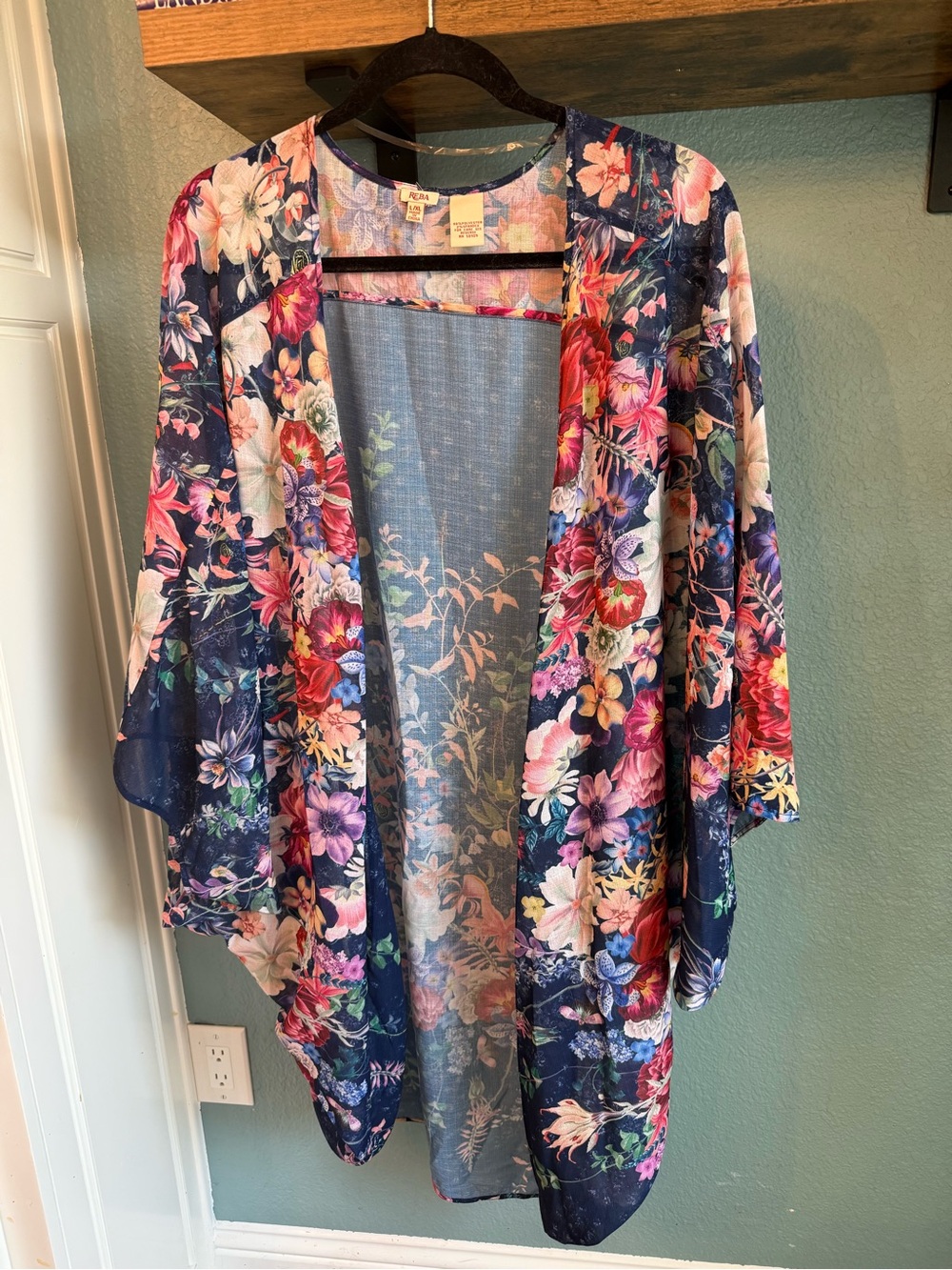 Reba Floral Kimono Duster Navy Sheer Boho Open Front Lightweight L/XL